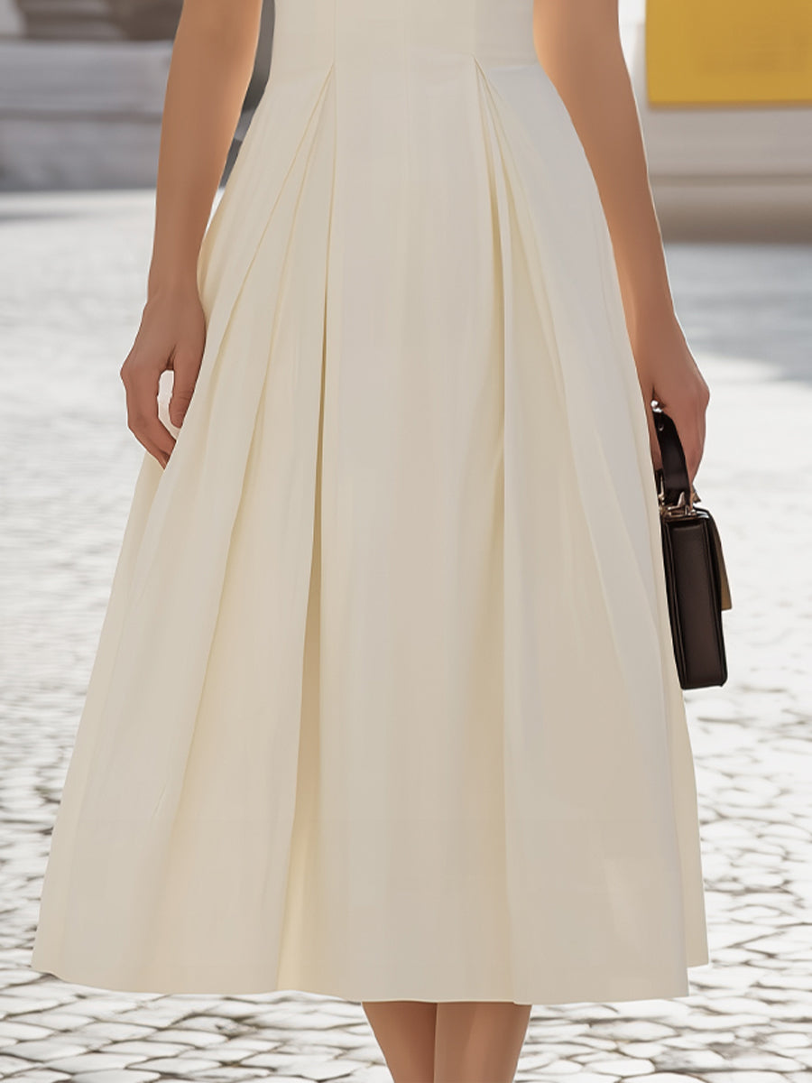 Anna-Berg | Notch-Neck Cap-Sleeve Pleated A-Line Midi Dress