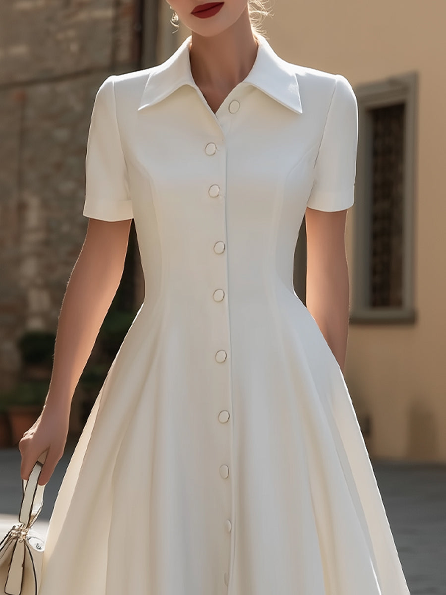 Anna-Berg | Pointed Collar Short-Sleeve Button-Down A-Line Midi Dress