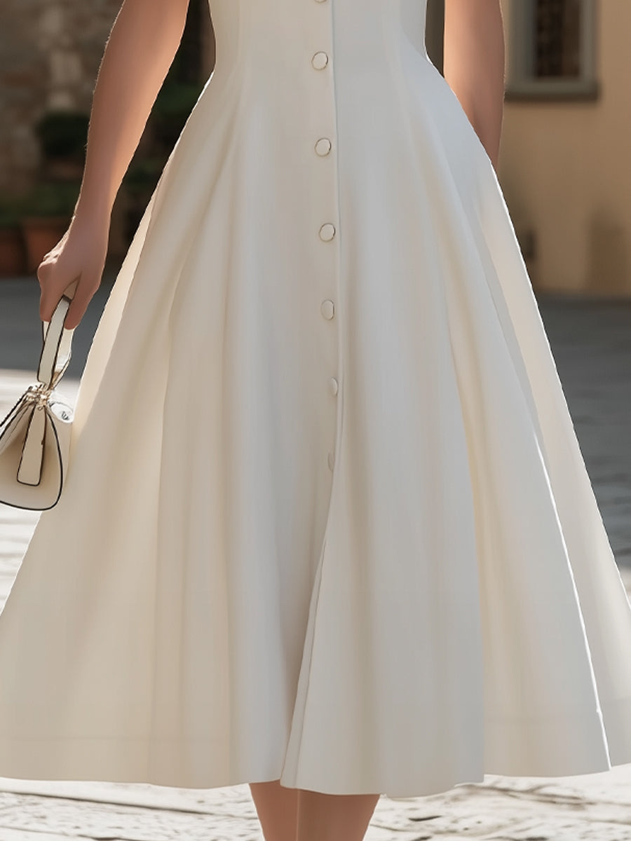 Anna-Berg | Pointed Collar Short-Sleeve Button-Down A-Line Midi Dress