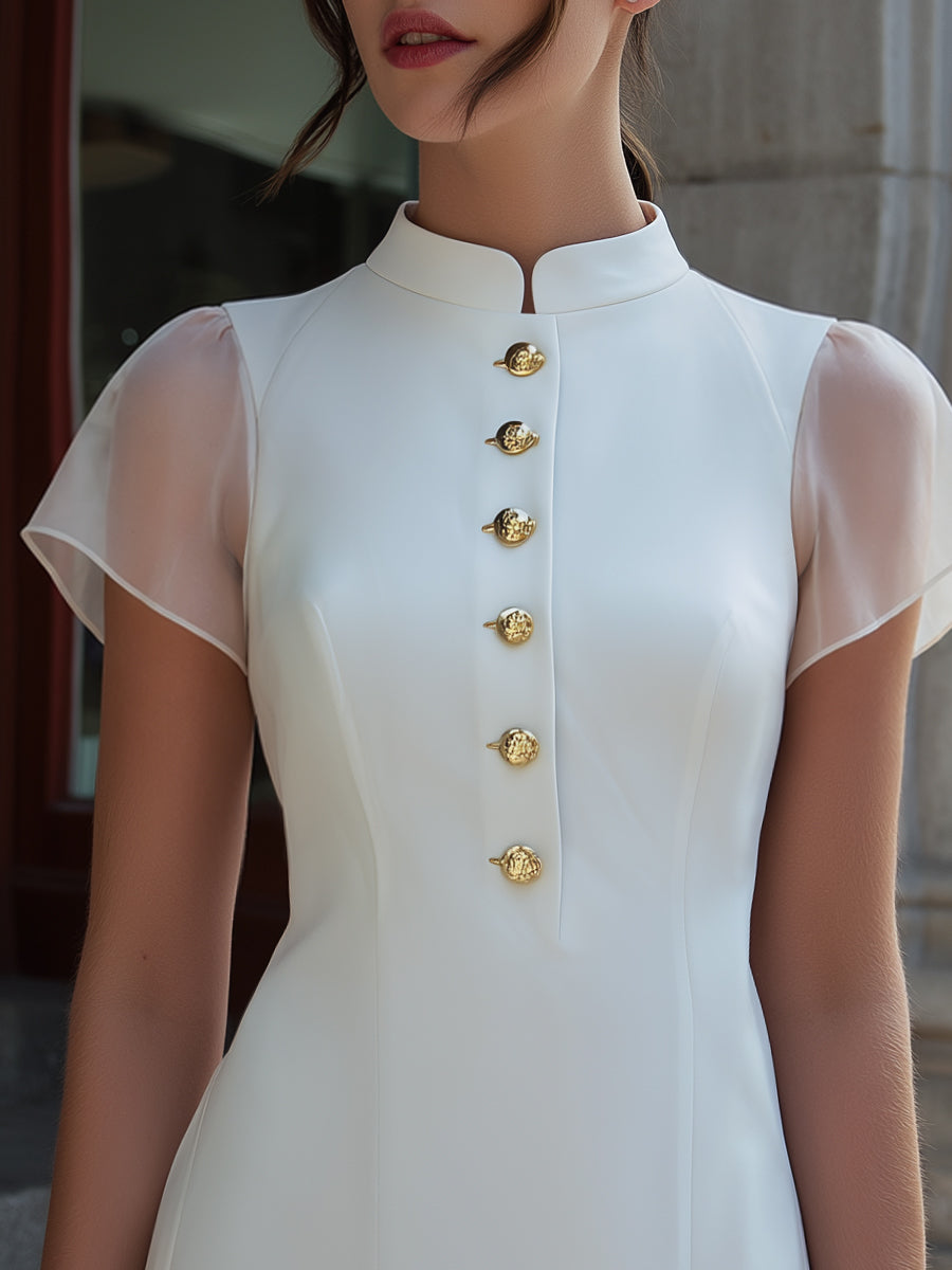 Anna-Berg | Stand Collar Button-Front Sheer Sleeve Mini Dress