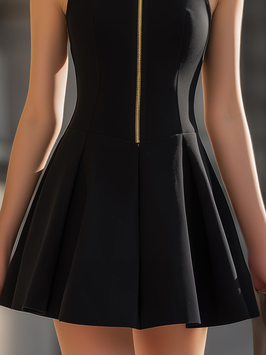 Anna-Berg | Stand-Up Collar Gold-Zip Sleeveless Fit-and-Flare Mini Dress