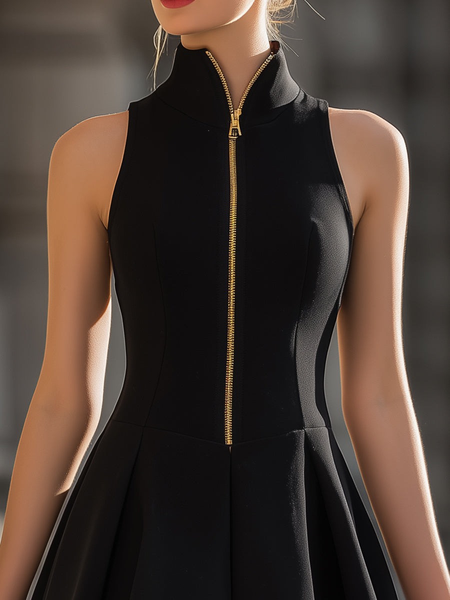 Anna-Berg | Stand-Up Collar Gold-Zip Sleeveless Fit-and-Flare Mini Dress