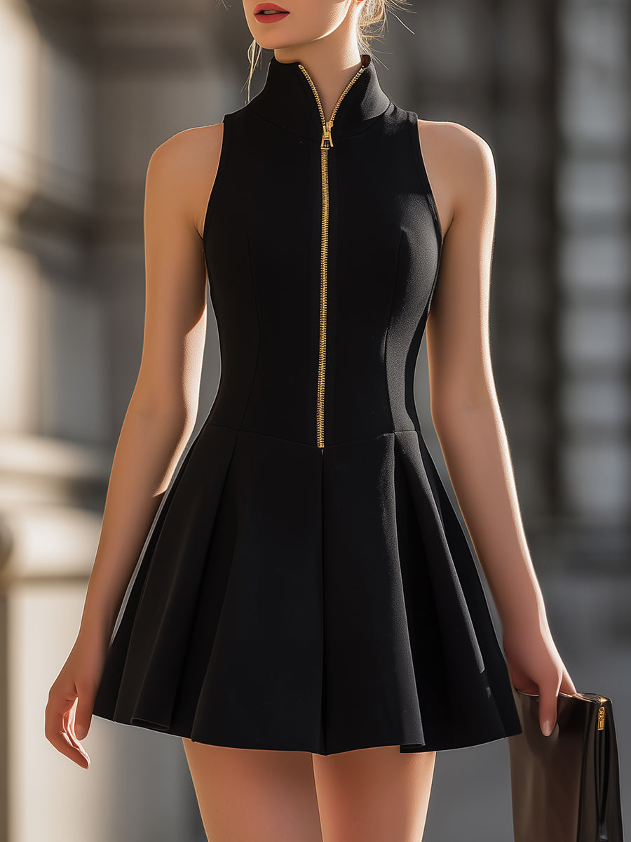 Anna-Berg | Stand-Up Collar Gold-Zip Sleeveless Fit-and-Flare Mini Dress