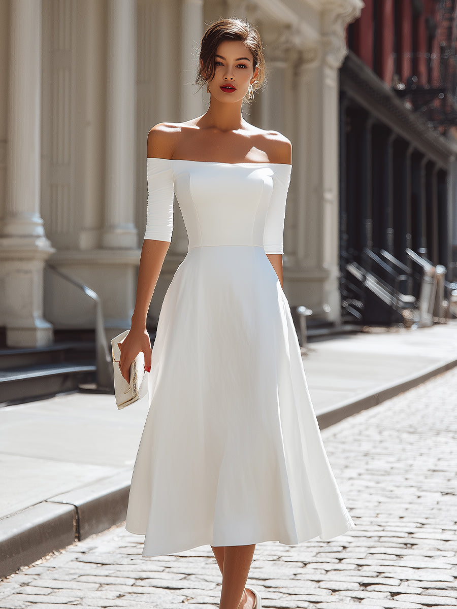 Anna-Berg | Off-Shoulder Fitted Bodice A-Line Midi Dress
