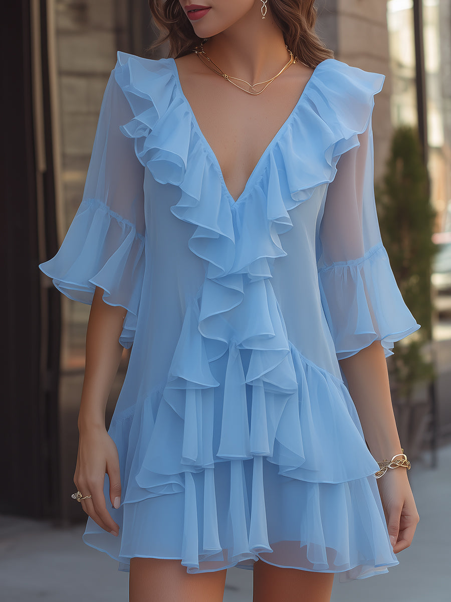 Anna-Berg | Layered Ruffle V-Neck Chiffon Mini Dress