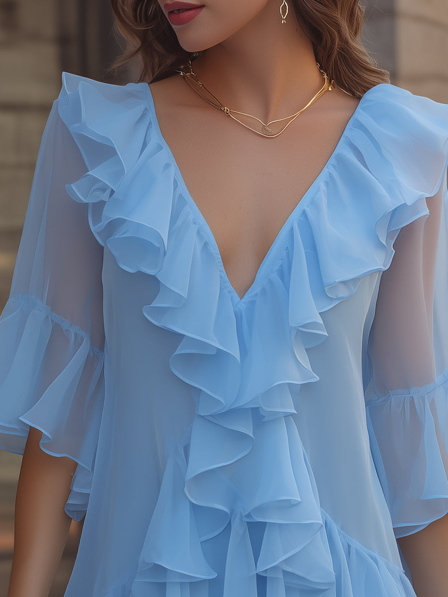 Anna-Berg | Layered Ruffle V-Neck Chiffon Mini Dress