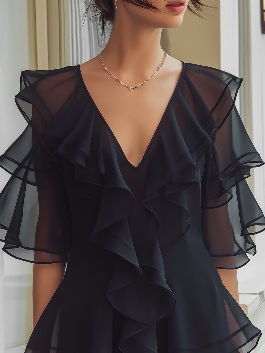 Anna-Berg | Layered Ruffle V-Neck Chiffon Mini Dress