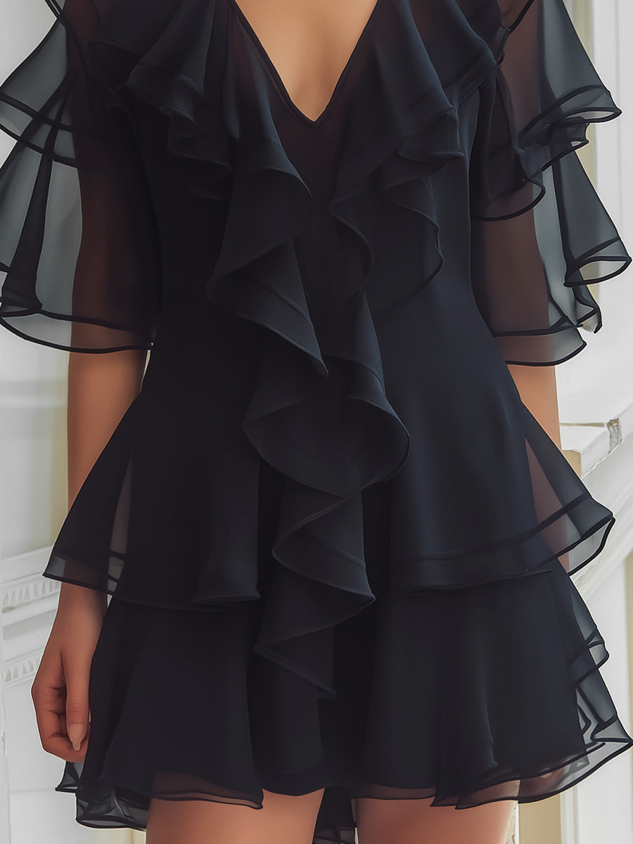 Anna-Berg | Layered Ruffle V-Neck Chiffon Mini Dress
