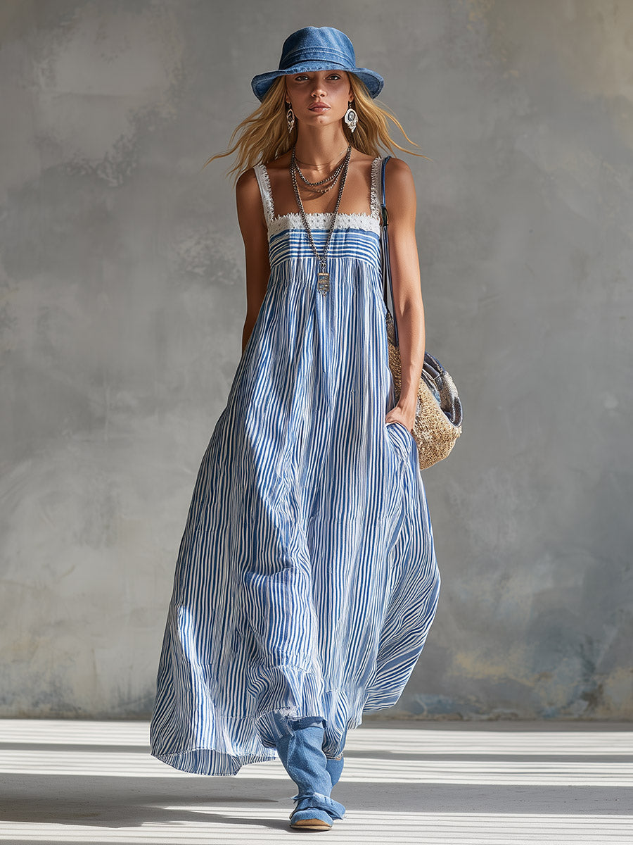 Anna-Berg | Stylish & Elegant Lace Trim Blue Striped Square Neck Maxi Dress