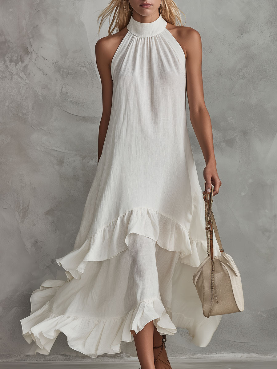 Anna-Berg | Retro-Elegant White Sleeveless Ruffled Cotton-Linen Dress