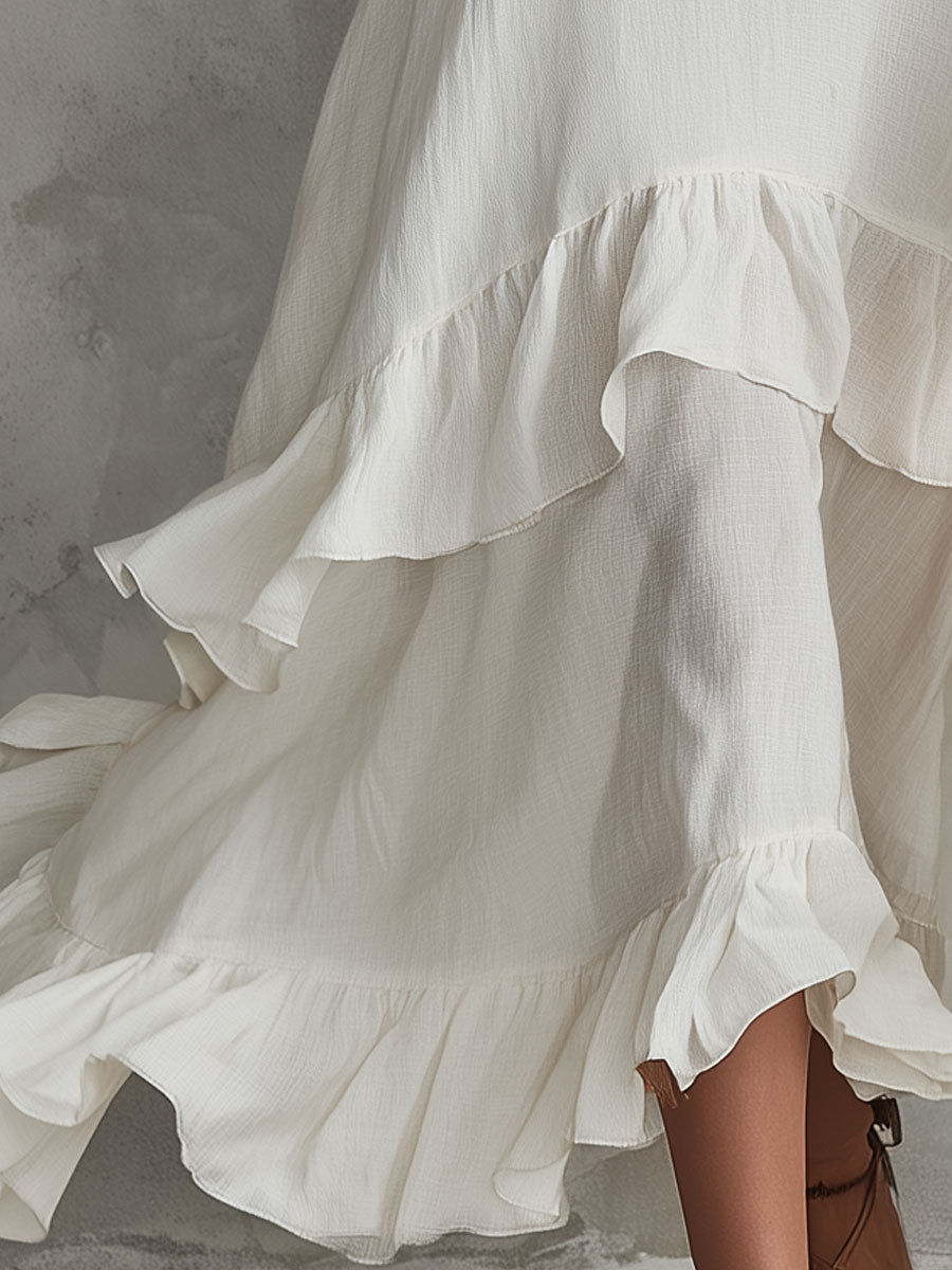 Anna-Berg | Retro-Elegant White Sleeveless Ruffled Cotton-Linen Dress
