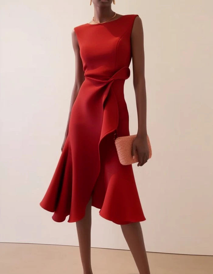 Anna-Berg | Pink Round Neck Ruffle Bow Dress