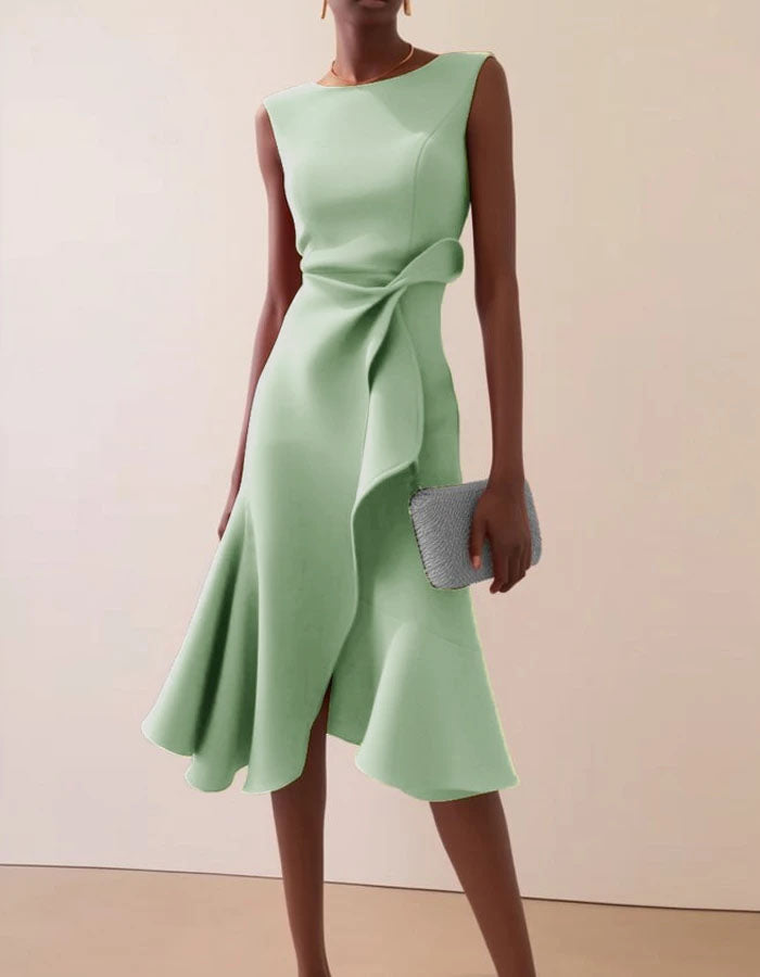 Anna-Berg | Pink Round Neck Ruffle Bow Dress