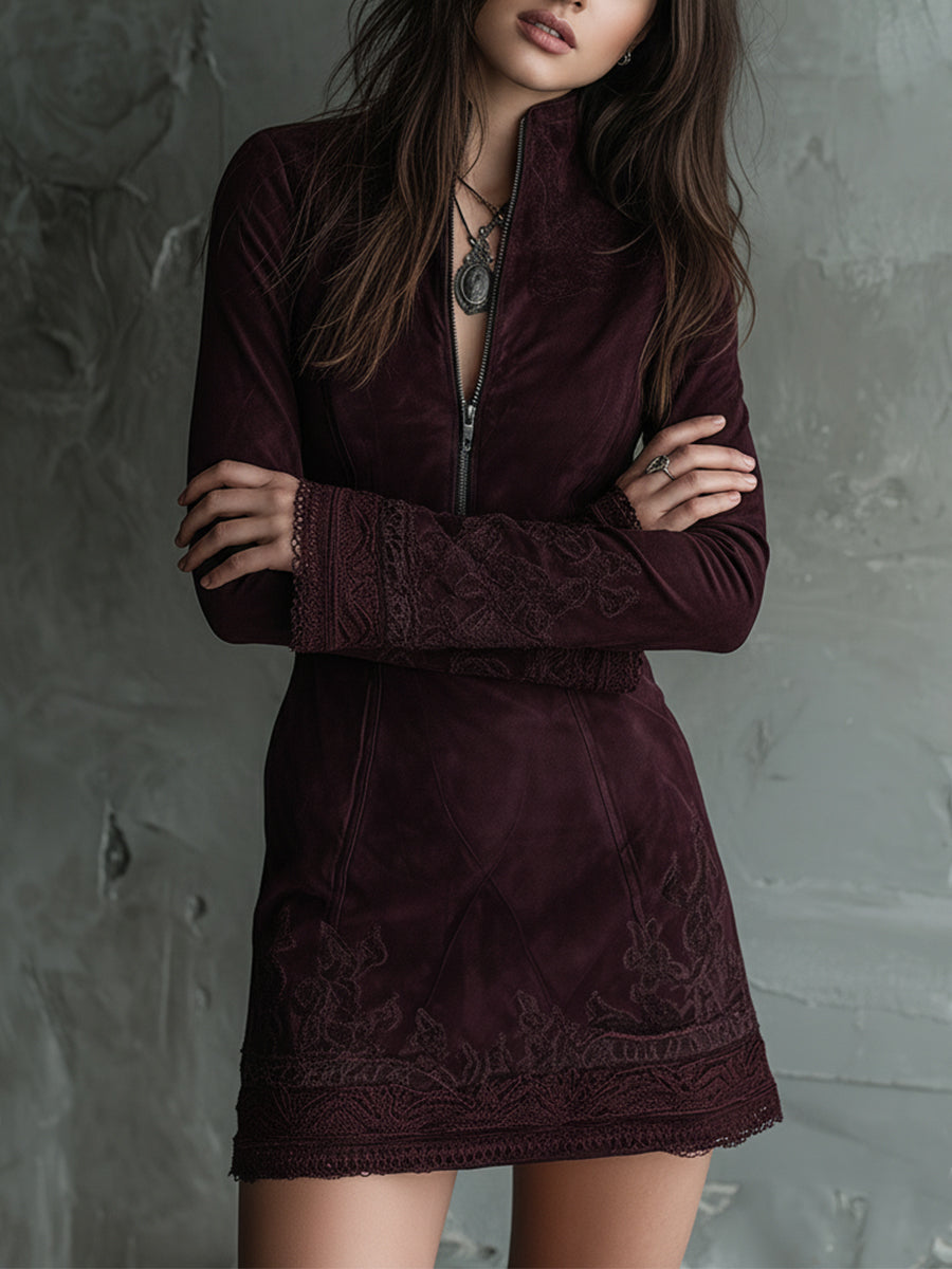 Anna-Berg | Vintage Suede Embroidered Lace Trim Dress