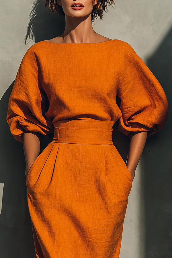 Anna-Berg | Elegant Puff Sleeve High-Waisted Pocket Dress