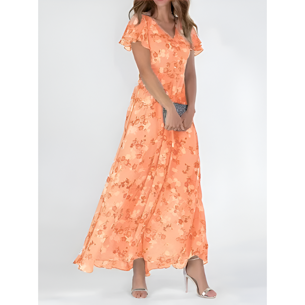 Anna-Berg | Elegant V-Neck Maxi Dress With Flutter Sleeves