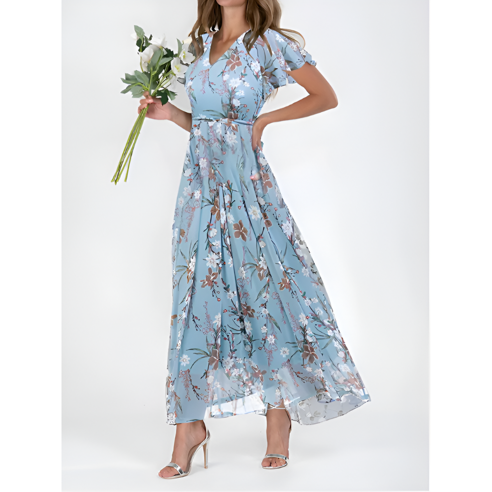 Anna-Berg | Elegant V-Neck Maxi Dress With Flutter Sleeves