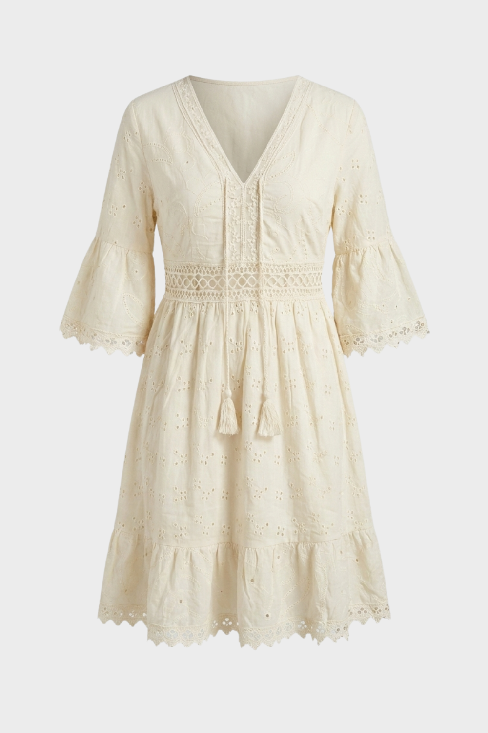 Anna-Berg | Boho Mini Dress V-Neck Bell Sleeves Eyelet Lace