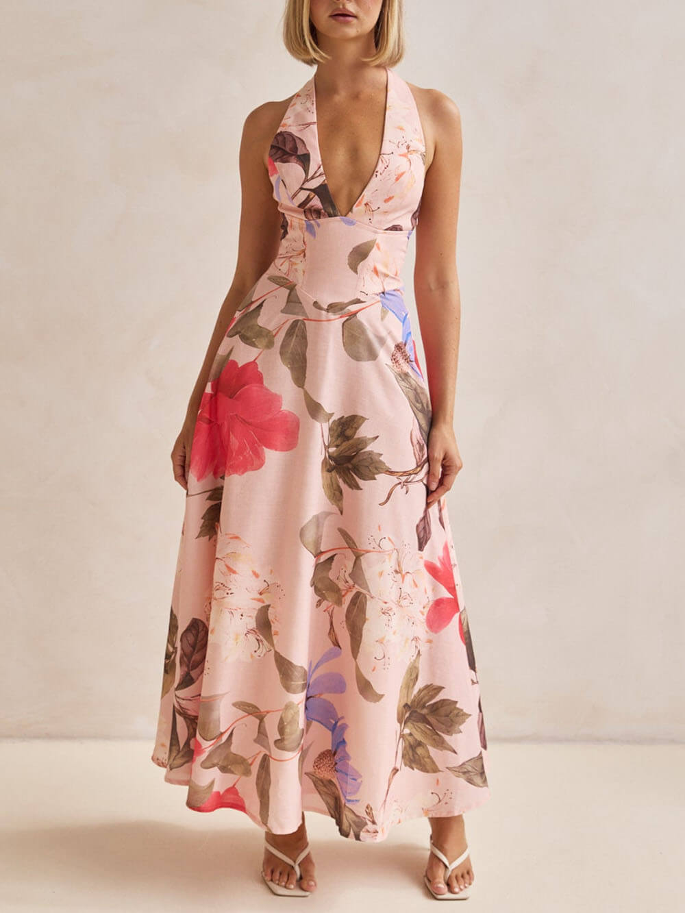 Anna-Berg | Floral Print Halter Backless Tie-Up Dress