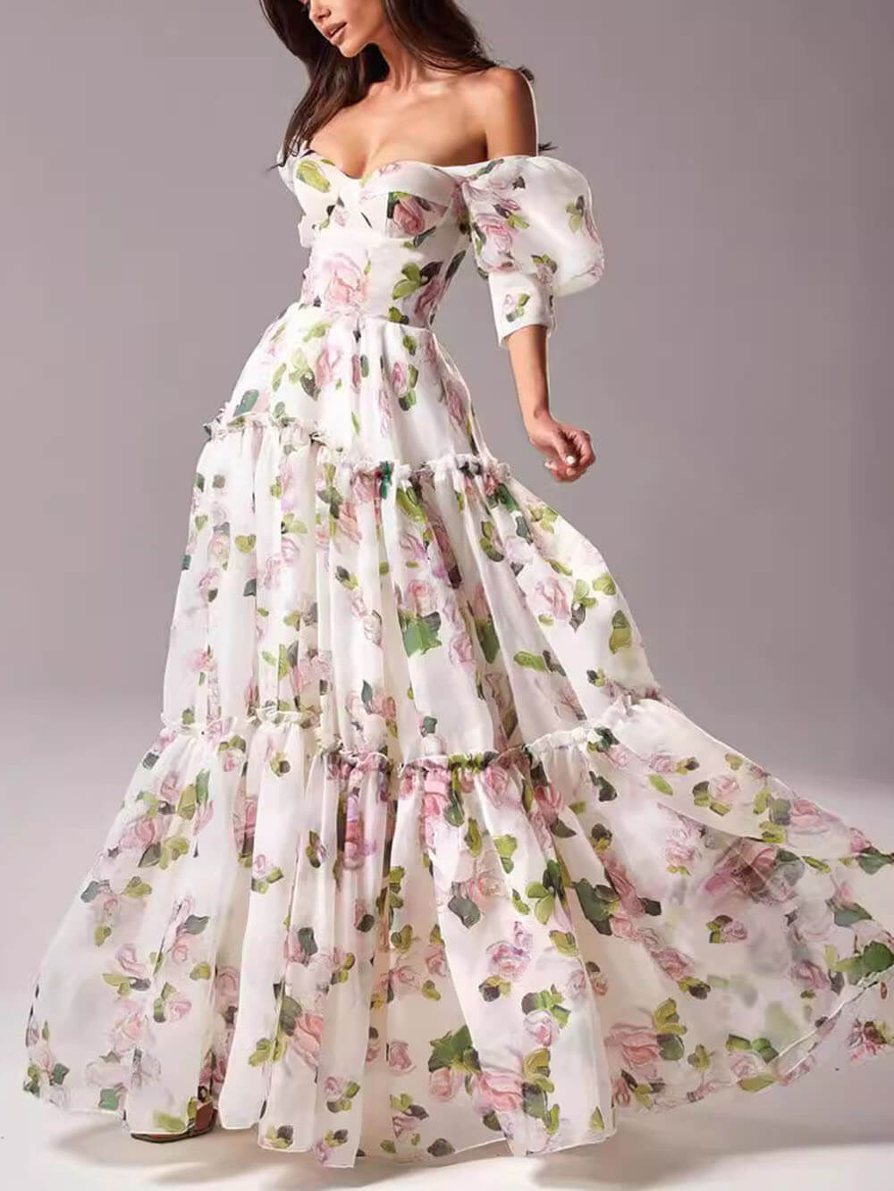 Anna-Berg | Elegant Off-Shoulder Printed Organza Evening Gown