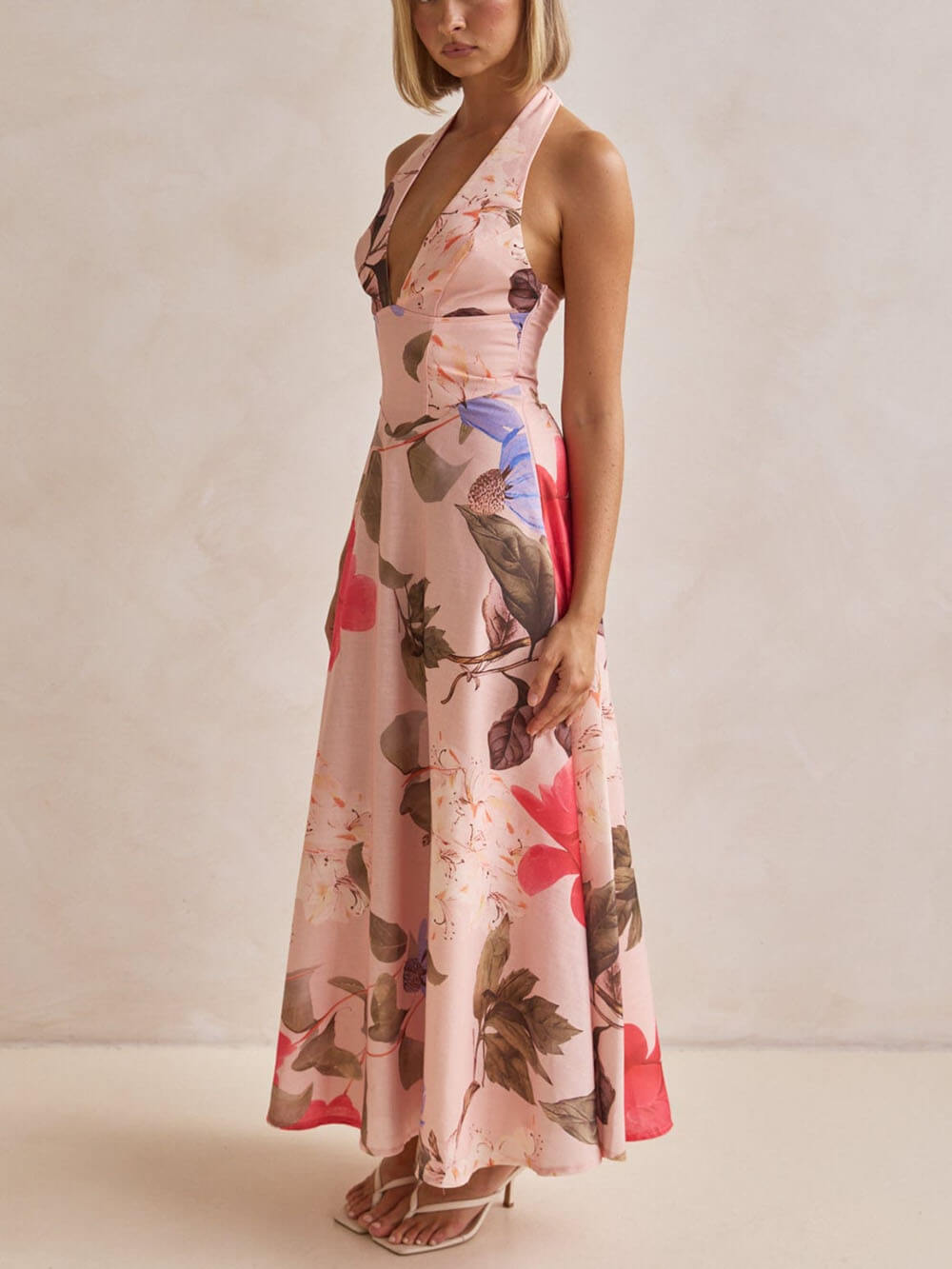 Anna-Berg | Floral Print Halter Backless Tie-Up Dress