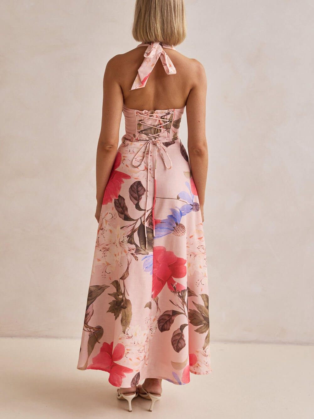 Anna-Berg | Floral Print Halter Backless Tie-Up Dress