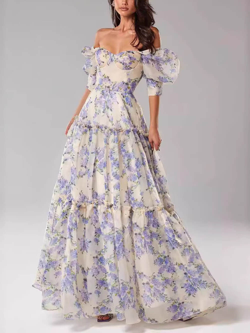 Anna-Berg | Elegant Off-Shoulder Printed Organza Evening Gown