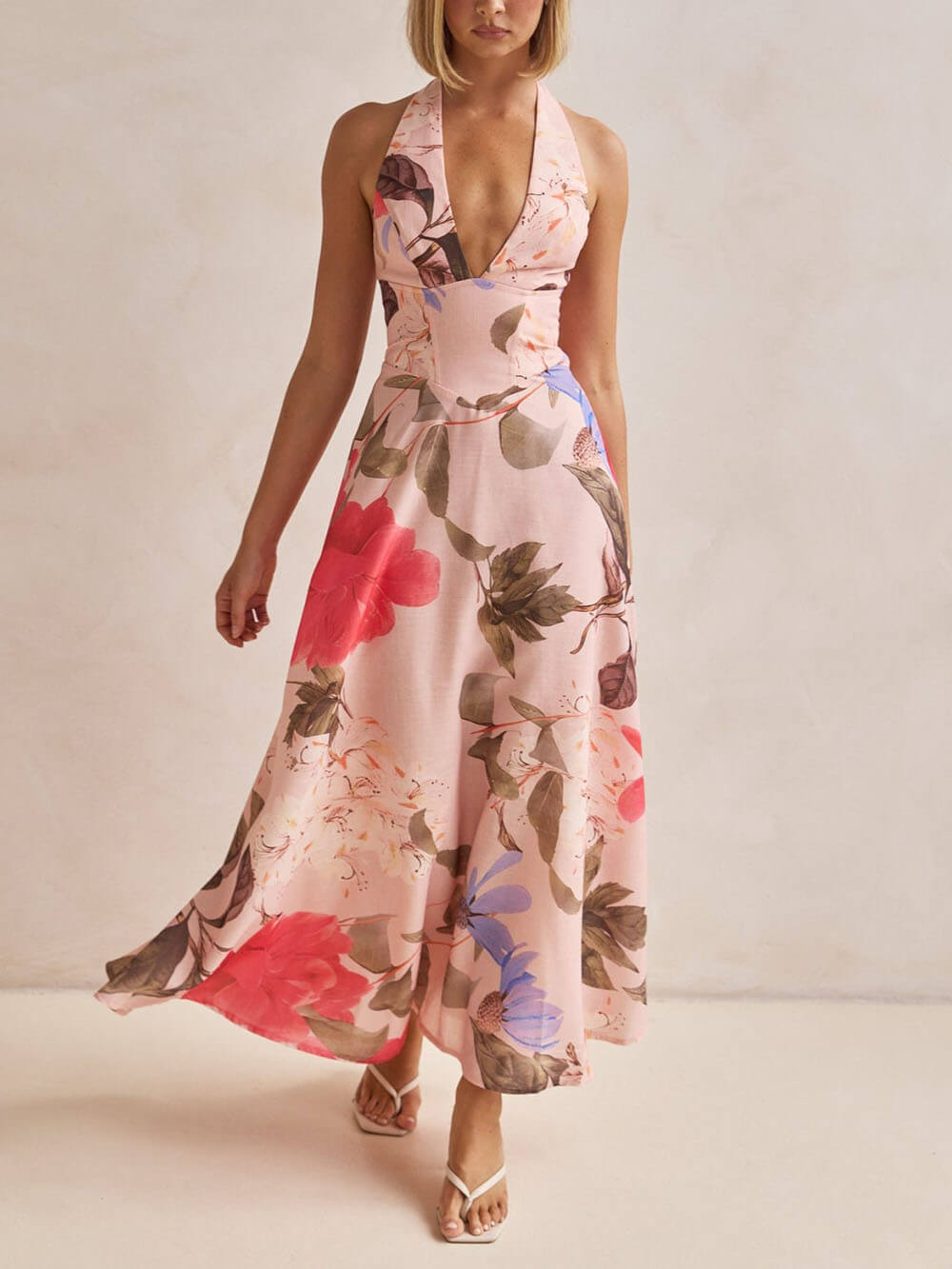 Anna-Berg | Floral Print Halter Backless Tie-Up Dress