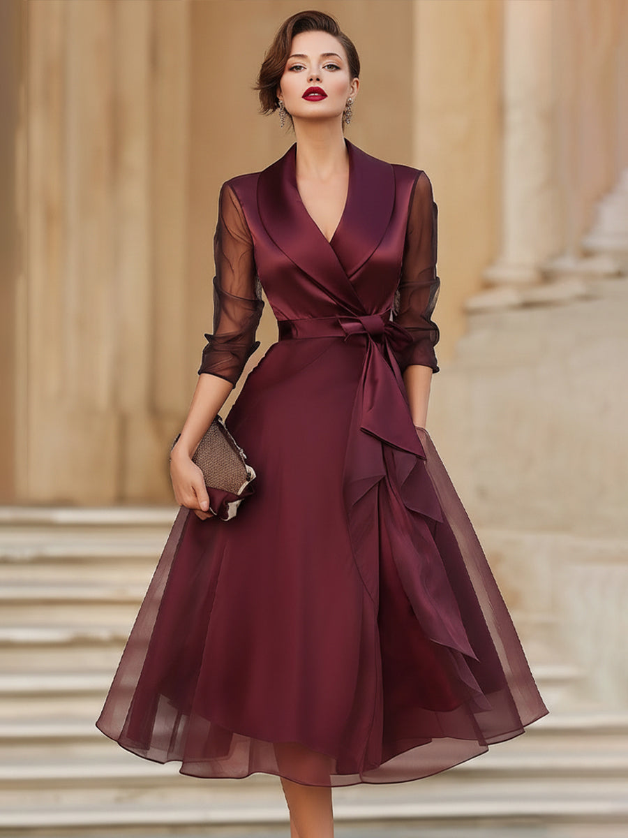 Anna-Berg | Elegant Wrap Midi Dress With Sheer Sleeves