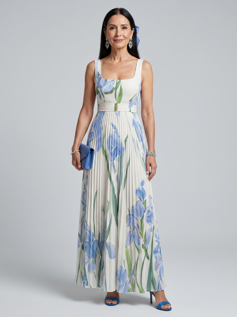 Anna-Berg | Timeless Sleeveless Square Neck Floral Print Midi Dress