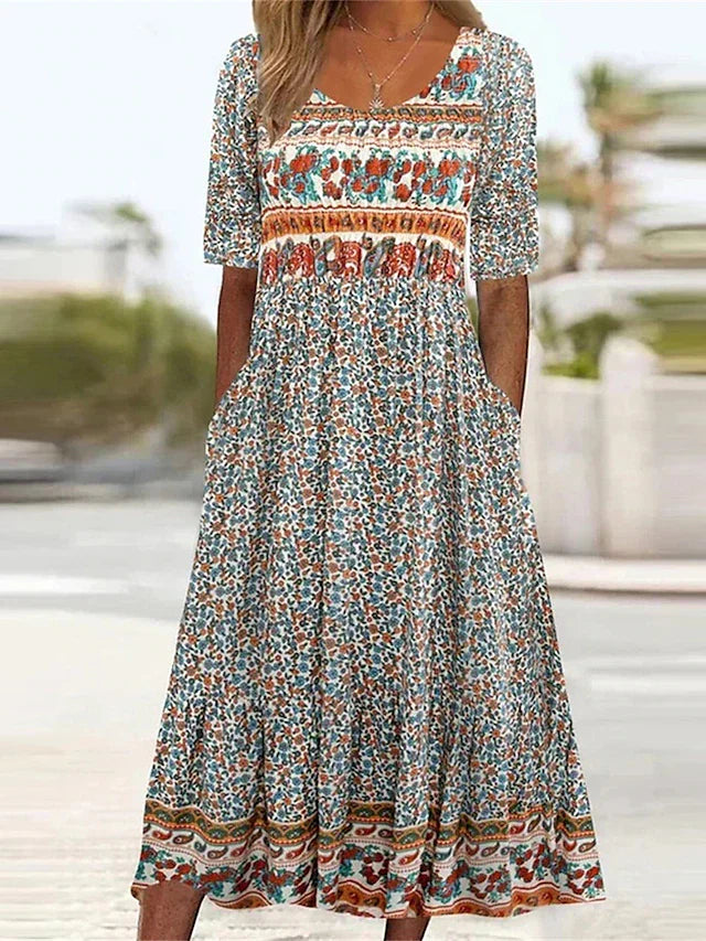 Anna-Berg | Boho Printed Square Neck Short Sleeve Midi Dress