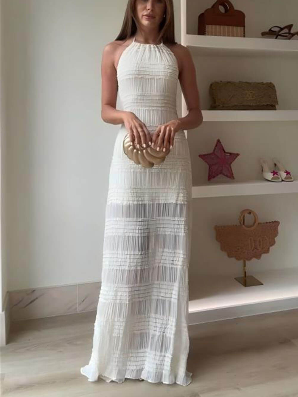 Anna-Berg | Delicate Hollow Pleated Lace-Up Dress
