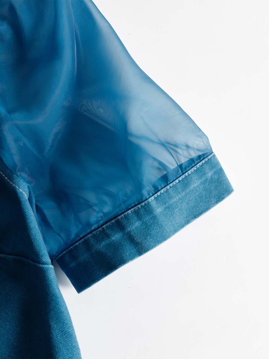 Anna-Berg | V-Neck Short-Sleeved Organza Blue Denim Dress
