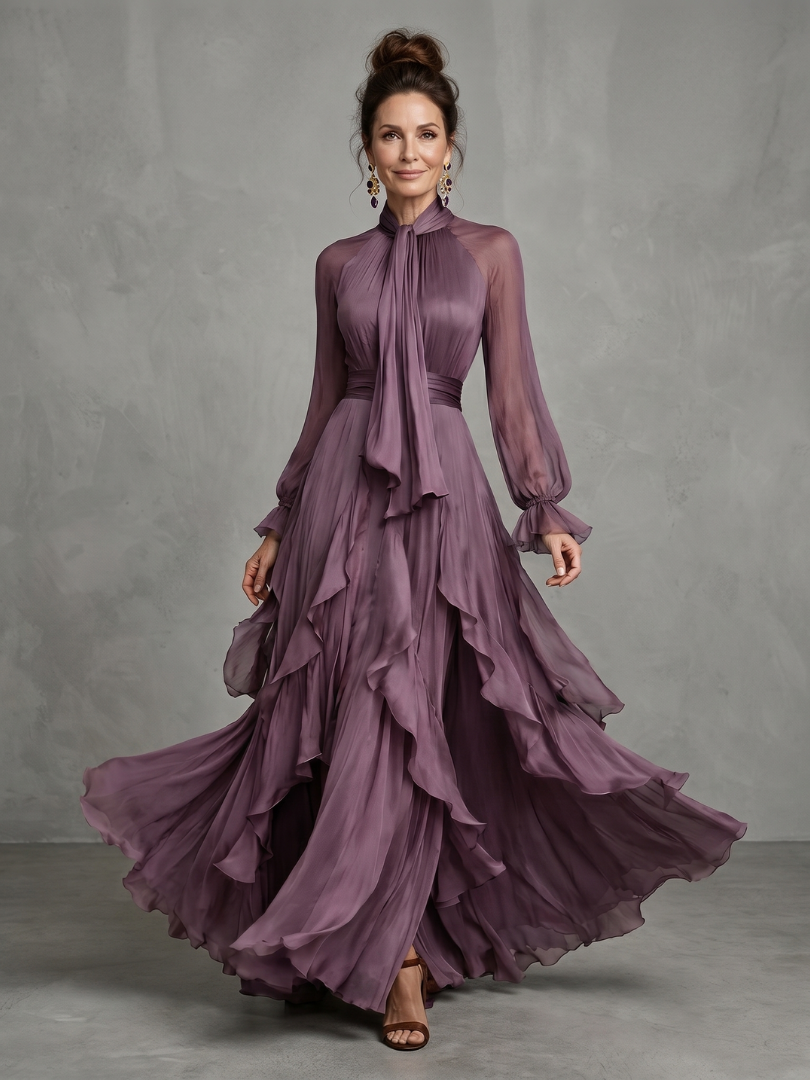 Anna-Berg | Sculpted Tie Neck Ruffle Tiered Maxi Dress