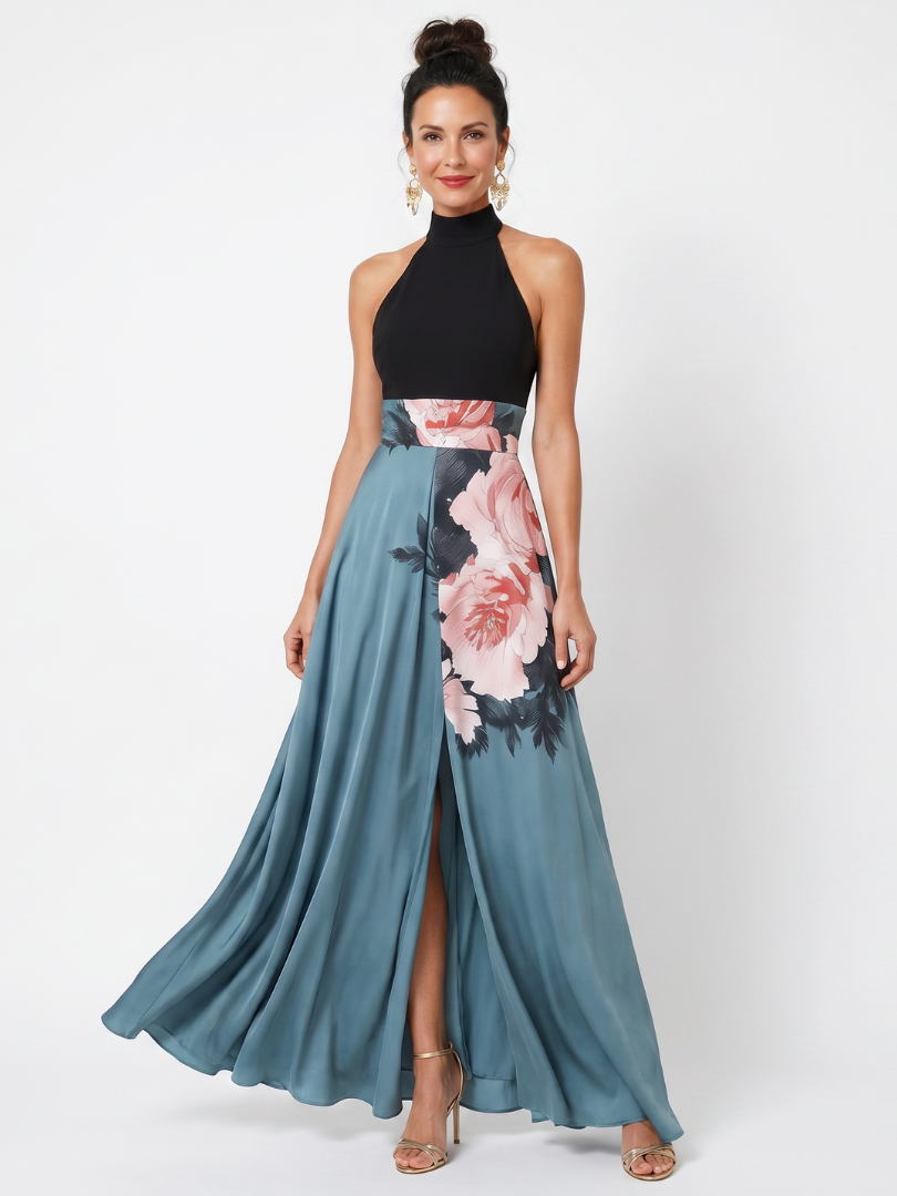 Anna-Berg | Feminine Halter Bodice Floral Skirt Maxi Dress
