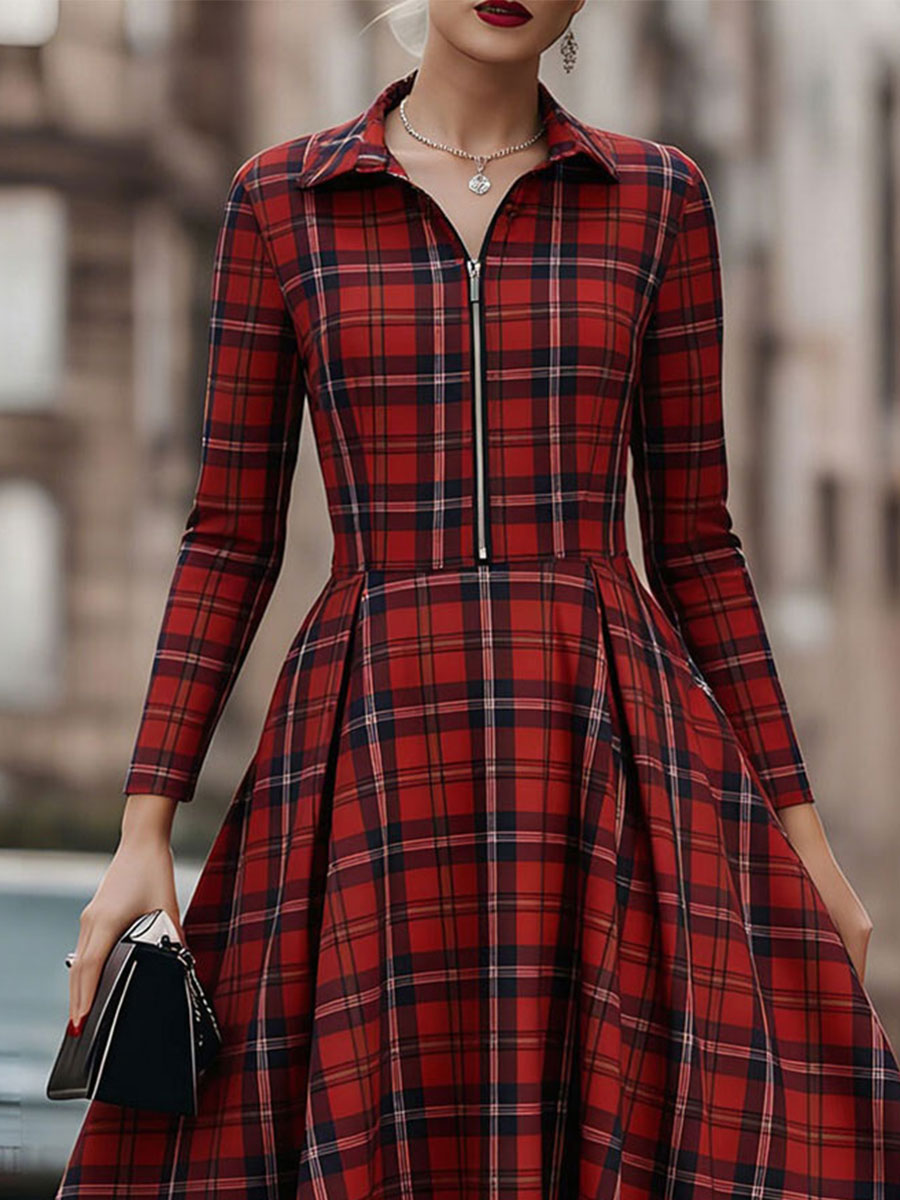 Anna-Berg | Elegant Long Sleeve Plaid Dress