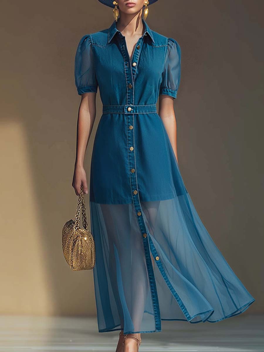 Anna-Berg | V-Neck Short-Sleeved Organza Blue Denim Dress