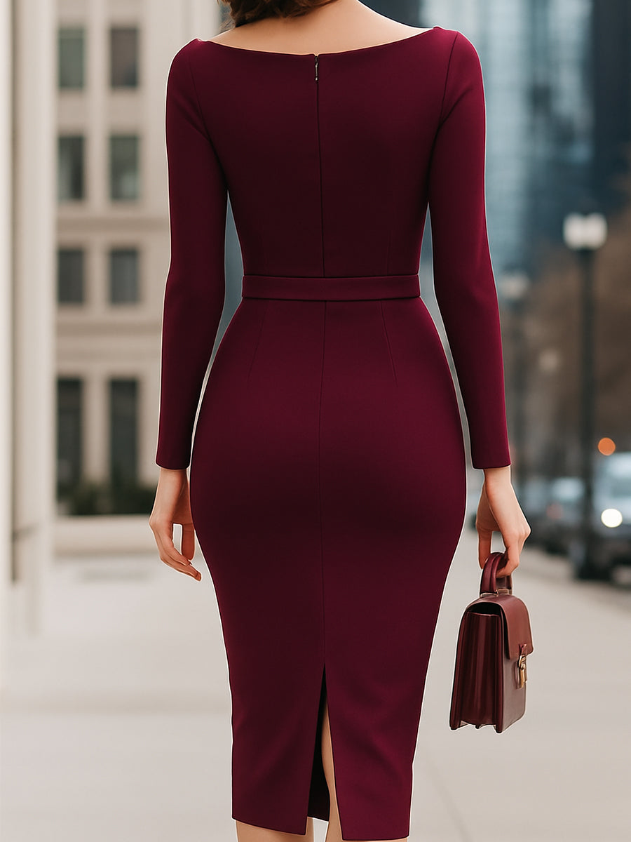 Anna-Berg | Elegant Wine Red Belted Pencil Midi Dress