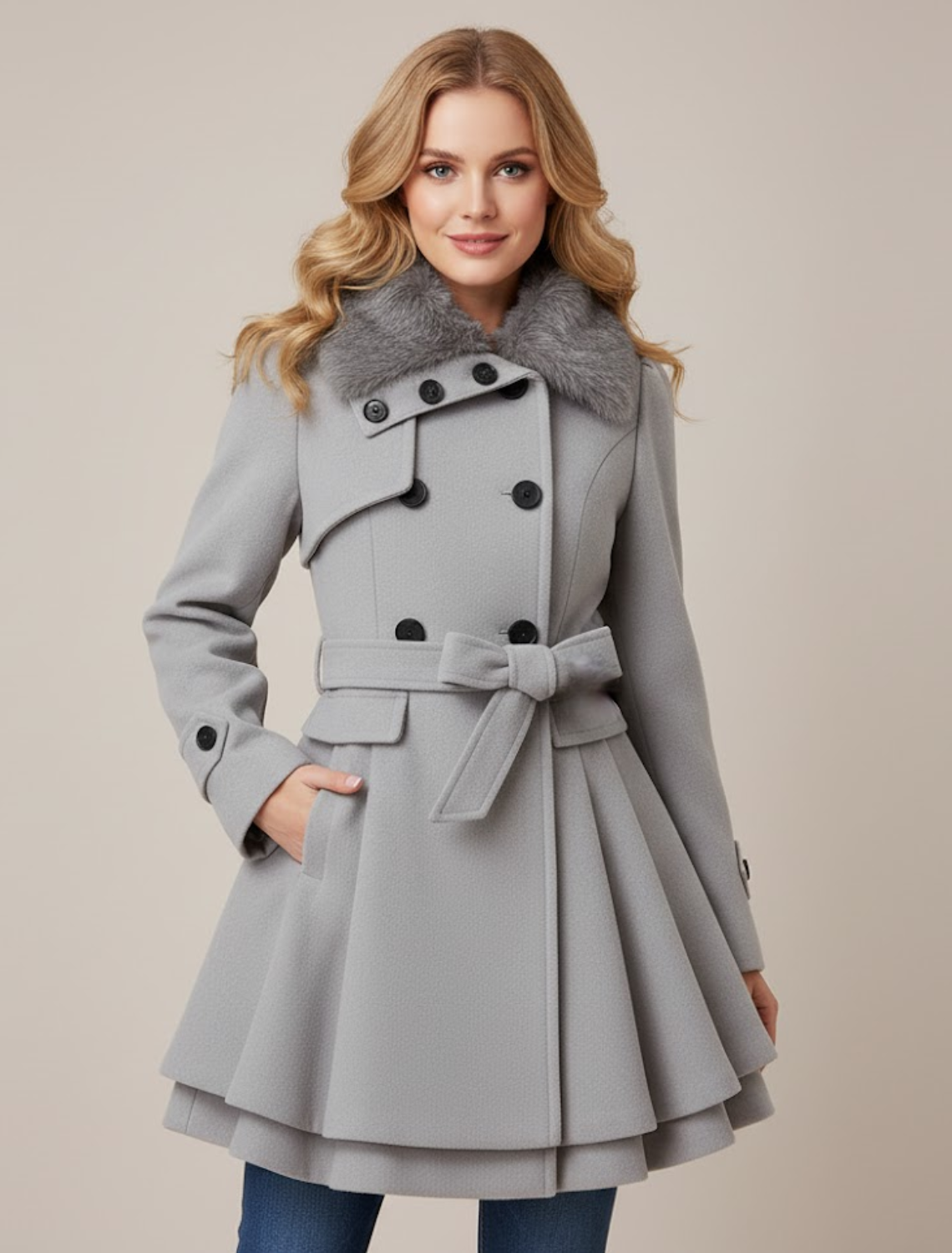 Anna-Berg | Double-Breasted Belted Coat - Flared Silhouette, Faux Fur Collar