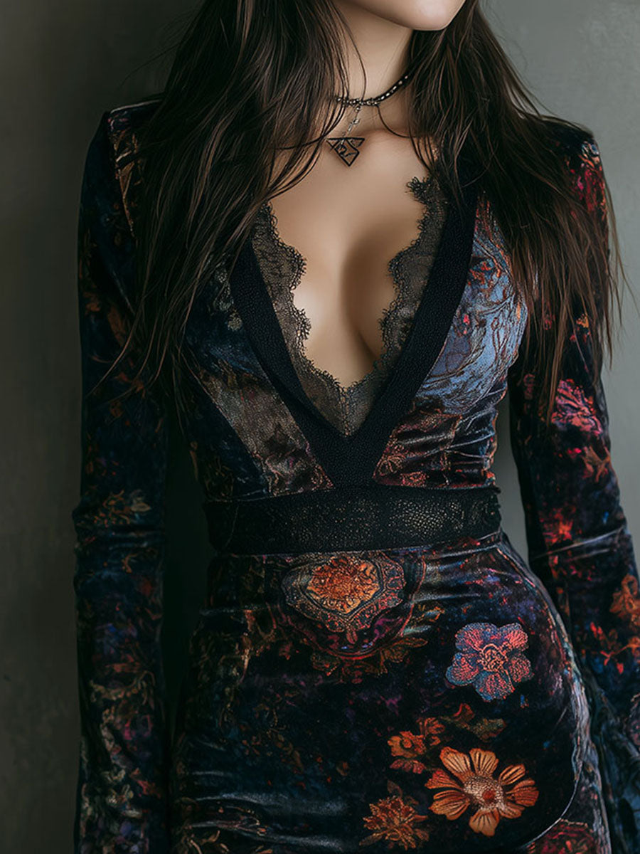 Anna-Berg | Boho Floral Print V-Neck Velvet Dress