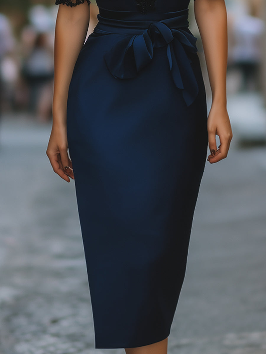 Anna-Berg | Elegant Lace-Trim V-Neck Belted Midi Dress