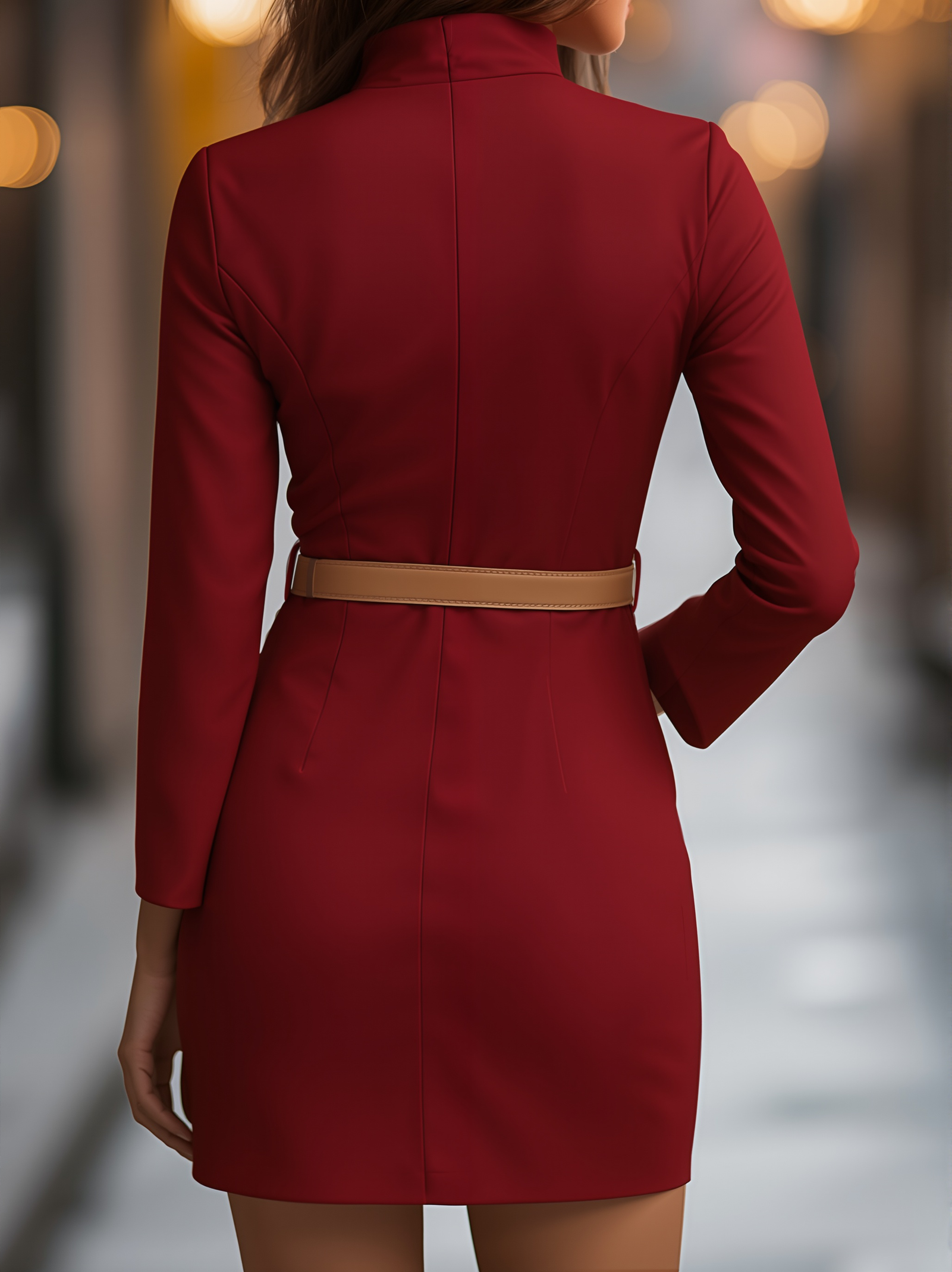 Anna-Berg | Elegant White Mandarin Collar Dress with Belt Design