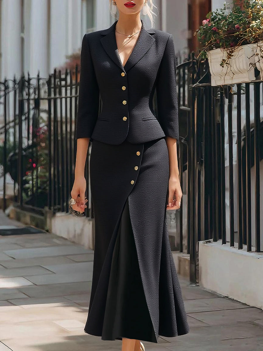 Anna-Berg | Elegant Textured Buttoned Blazer Skirt Set