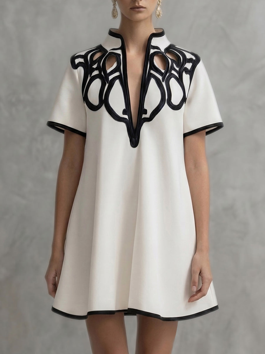 Anna-Berg | A-Line Loose Contrast Color V-Neck Dress