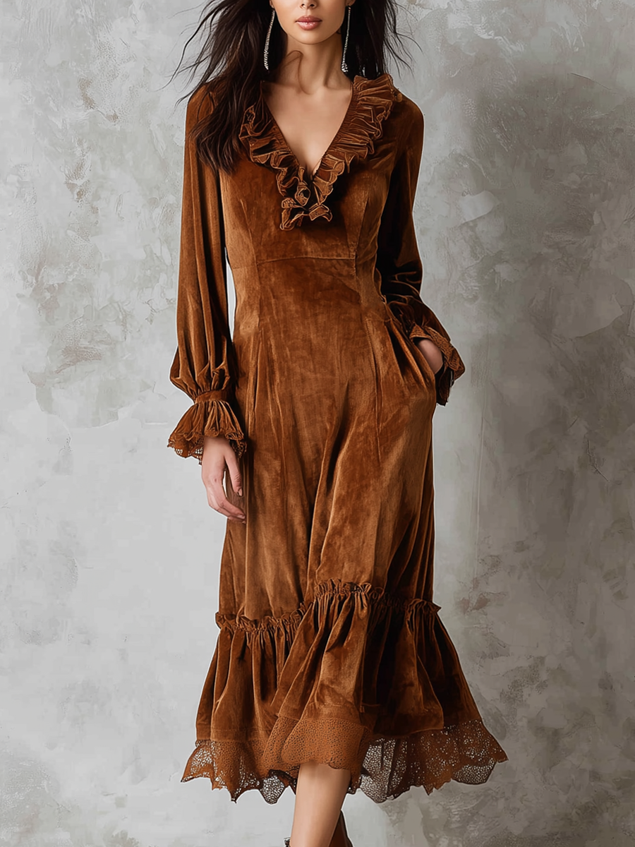 Anna-Berg | Retro Ruffle Neck Lace Trim Dress