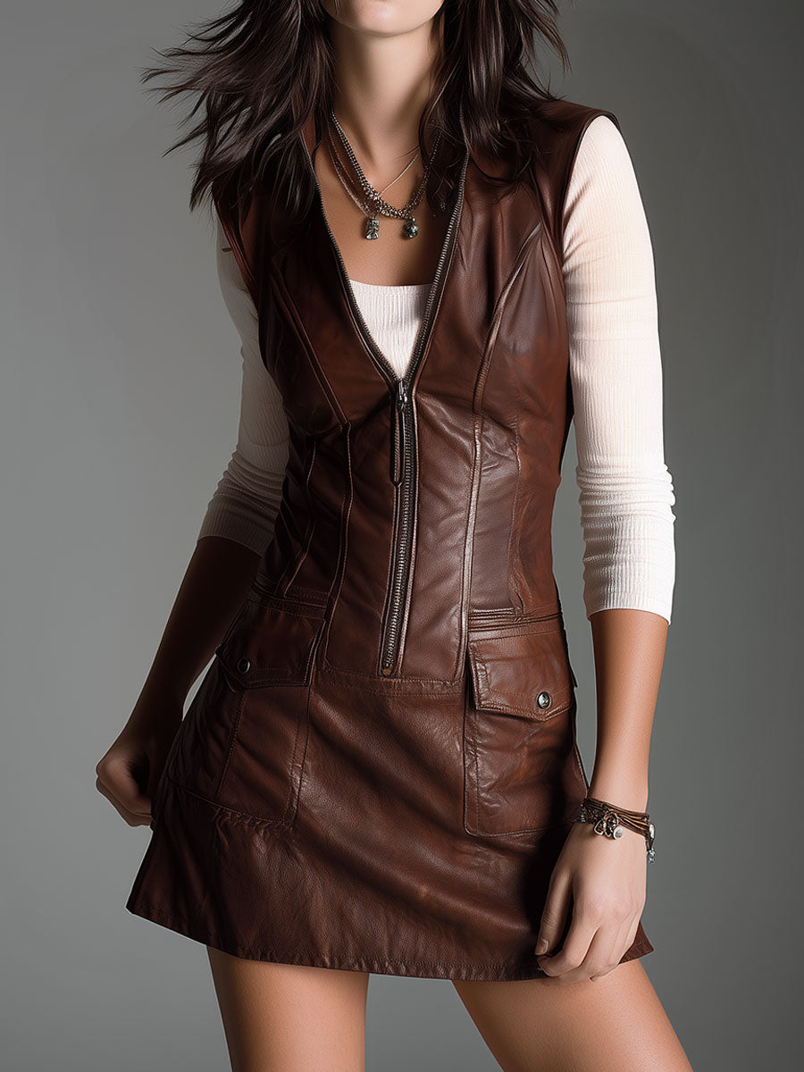 Anna-Berg | Brown Eco Leather Zip-Front Dress