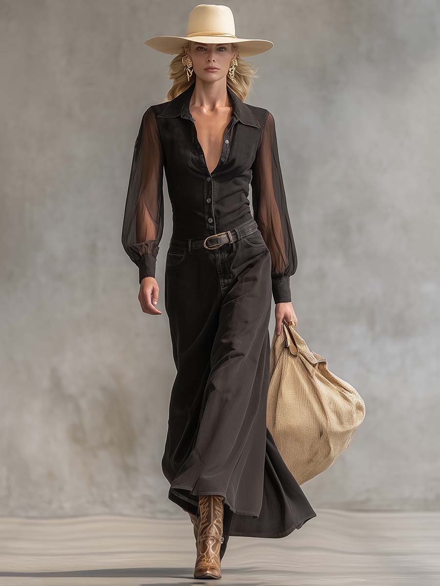Anna-Berg | Black Denim V-Neck Casual Dress