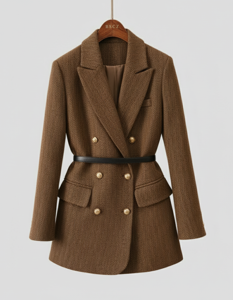 Anna-Berg | Tweed Blazer Coat - Double-Breasted, Belted, Peak Lapel