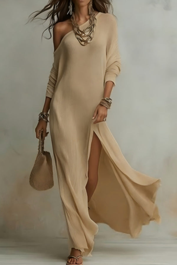 Anna-Berg | Solid Color Slant Collar Long Dress