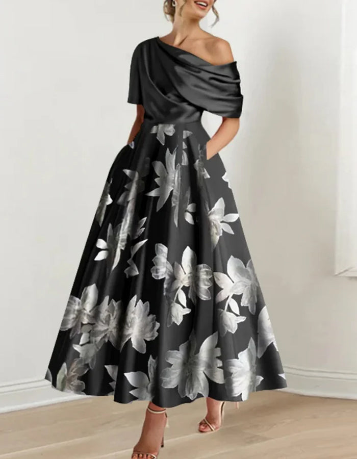 Anna-Berg | White Satin Off-Shoulder Bodycon Printed Dress